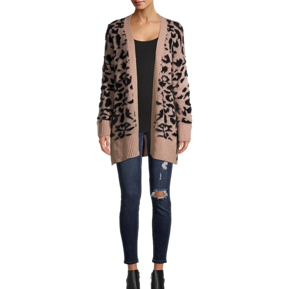 Dreamers by Debut Open Front Cardigan Sweater Pink Eyelet Animal Print Medium - Picture 3 of 12